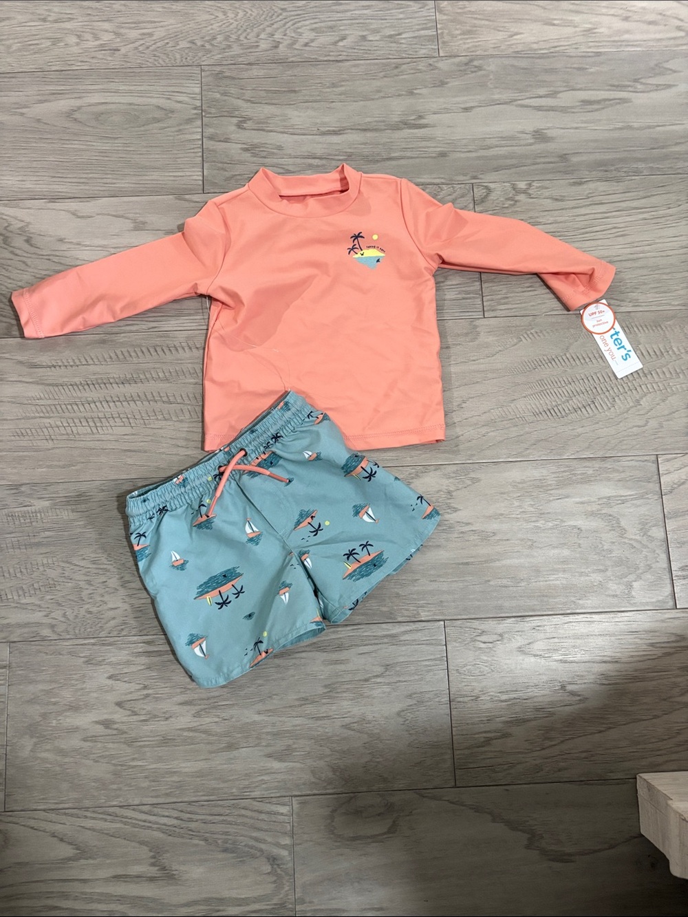 Gerber Coral Long-Sleeve Rash Guard with Light Blue Sailboat Swim Shorts